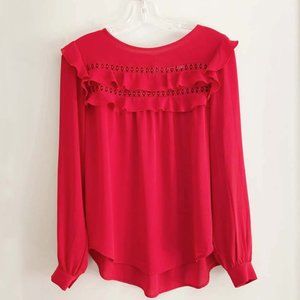 Loft Red Long Sleeve Ruffle Blouse
